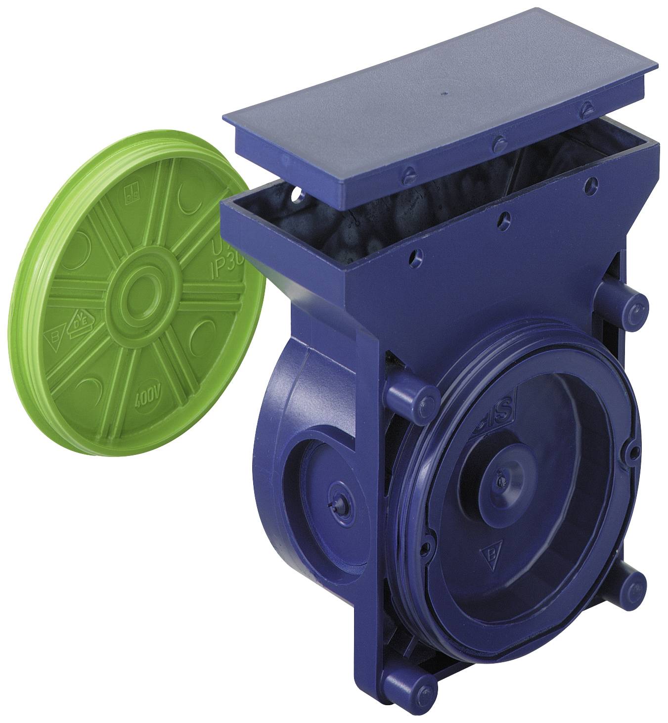 Un blocco di montaggio blu con coperchio verde, utilizzato per installazioni elettriche per un alloggiamento sicuro di cavi e connessioni.