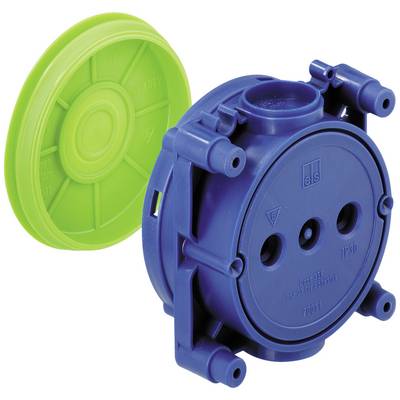 Custodia blu in plastica con tre fori, coperchio verde rimovibile, probabilmente utilizzata per l'installazione di cavi o impianti elettrici.