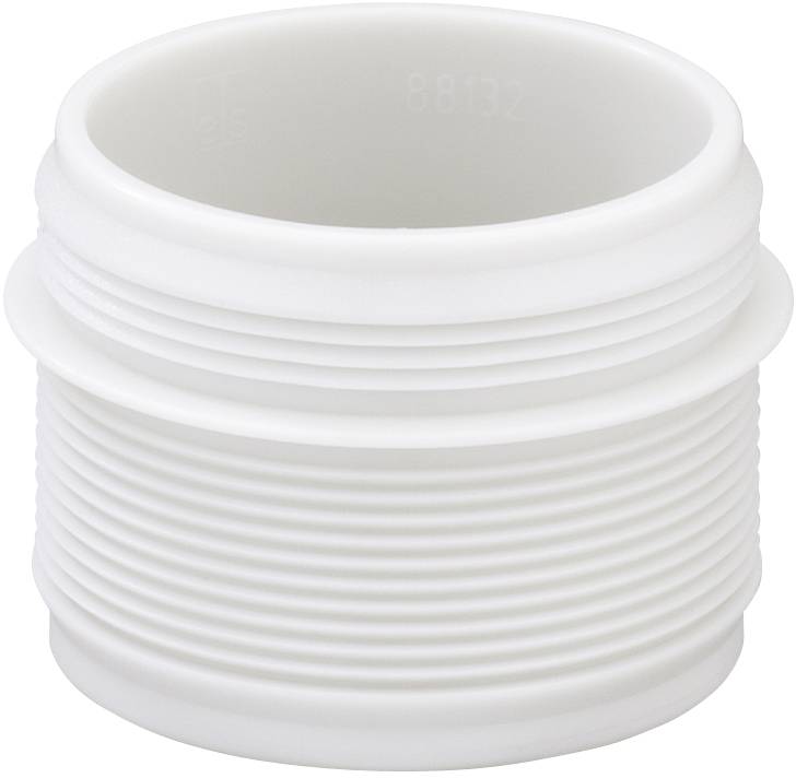 Un inserimento cilindrico bianco a costine o un adattatore di connessione in plastica, con forma cilindrica, probabilmente utilizzato per connessioni di tubi.