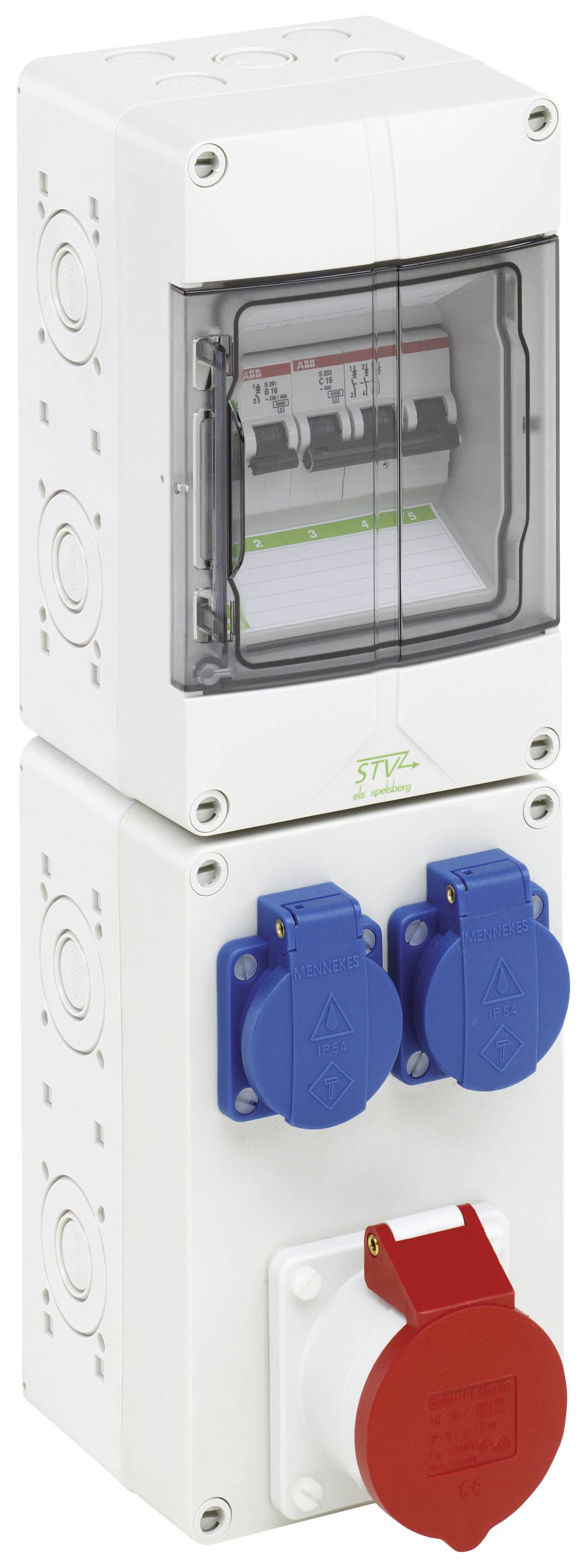 Un dispositivo elettrico di distribuzione con più interruttori e prese elettriche in blu e rosso, con piccole marcature verdi sopra.