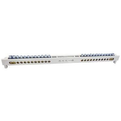 Un morsetto a pettine con morsetti di connessione blu su una guida in plastica bianca, utilizzato per connessioni elettriche e cablaggi.