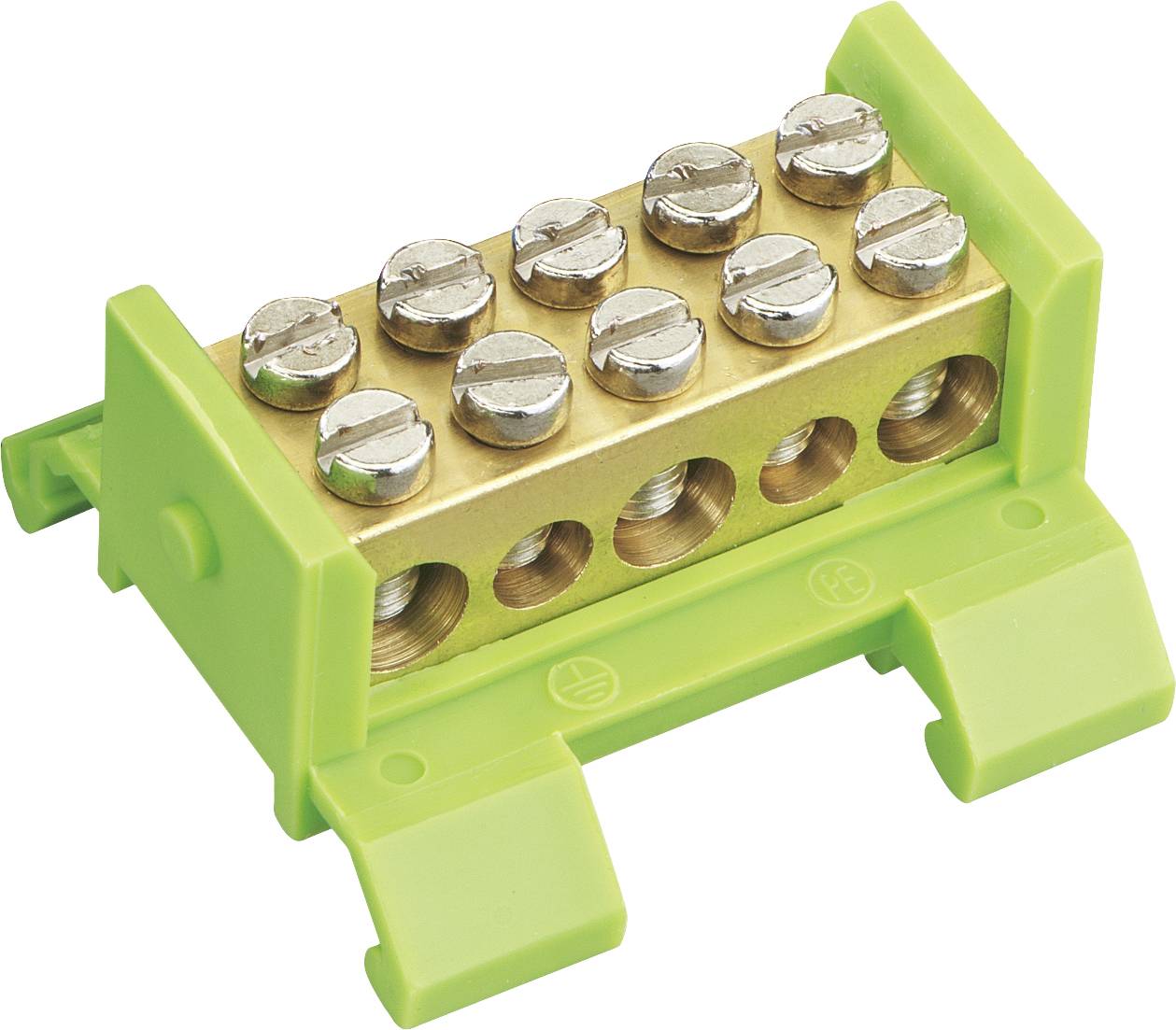Un blocco distributore di terra verde con lega metallica dorata e più morsetti a vite per garantire connessioni elettriche sicure.