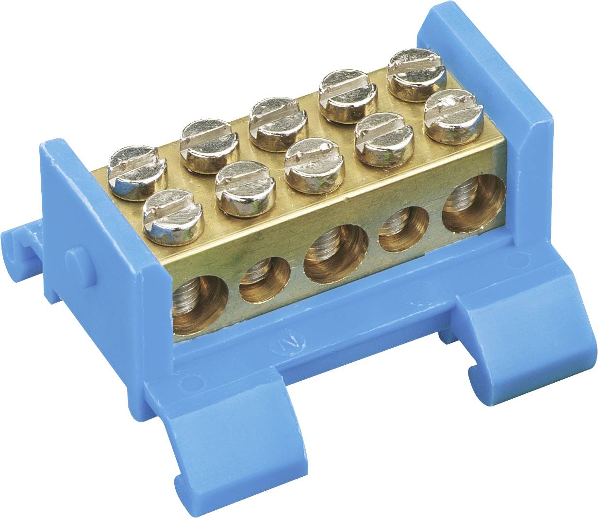 Blocco con più attacchi in ottone, fissato su un supporto blu. Viene spesso utilizzato per connessioni elettriche.