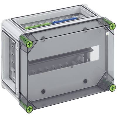 Scatola distributrice rettangolare in plastica con coperchio trasparente e viti verdi agli angoli. Adatta per installazioni elettriche.