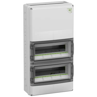 Quadro elettrico con due finestre ribaltabili trasparenti. All'interno sono presenti guide per componenti elettrici.