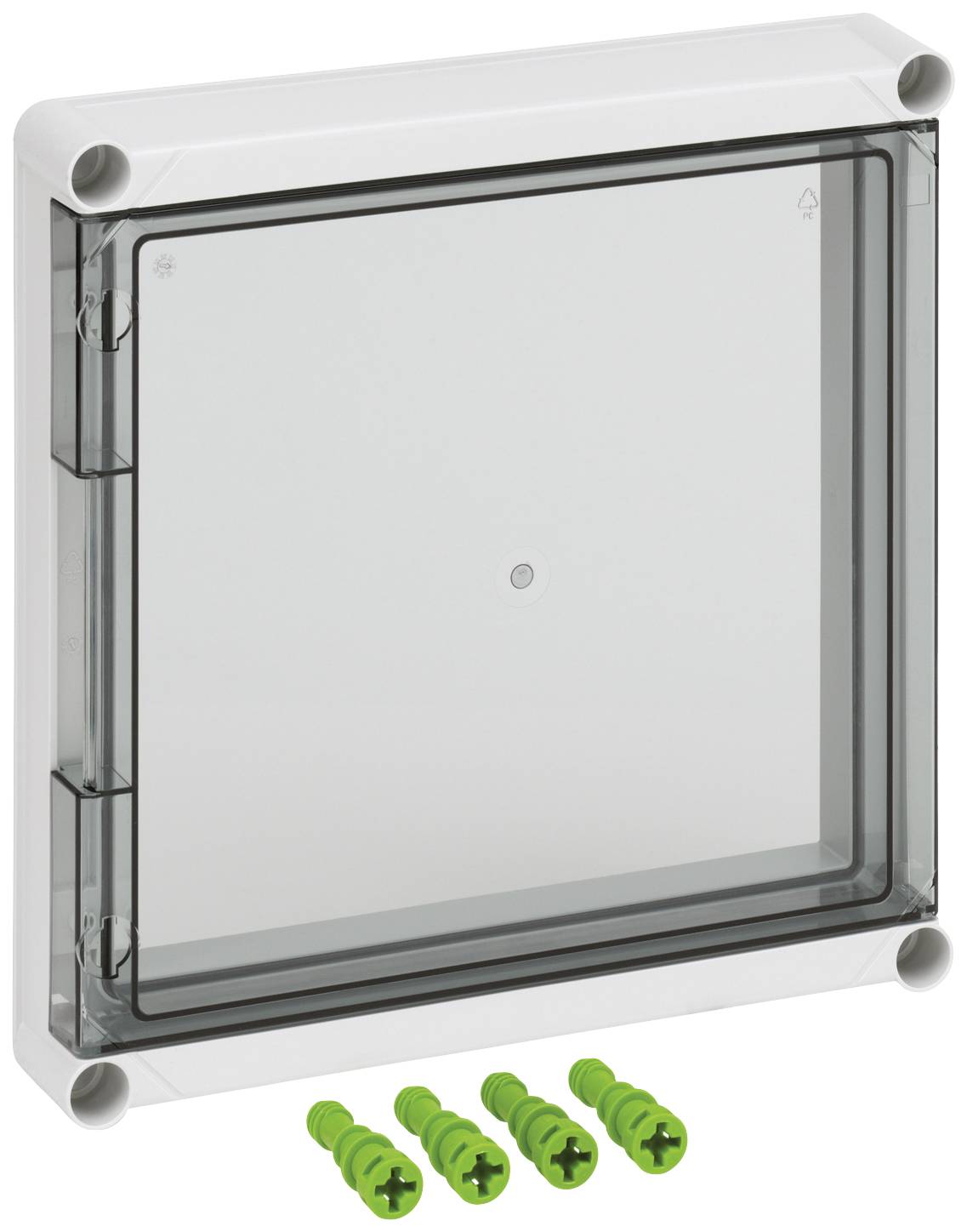 Custodia con coperchio trasparente e quattro viti verdi sottostanti. Adatta per il montaggio a parete, comunemente utilizzata per quadri elettrici.
