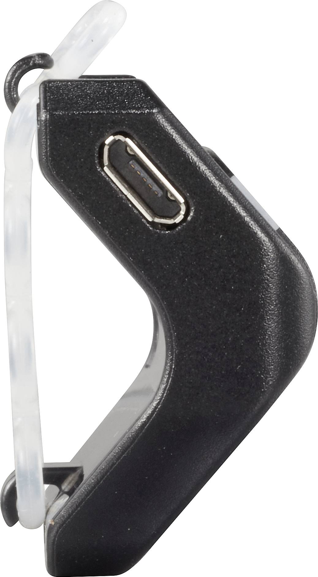 Dispositivo tecnico nero a forma di L con porta USB, probabilmente un caricabatterie o un adattatore, raffigurato di lato.