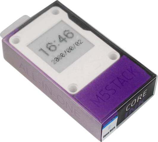 Una confezione con la scritta 'M5STACK CORE', mostra un display digitale con l'ora '16:46' e la data '20/10/02'.