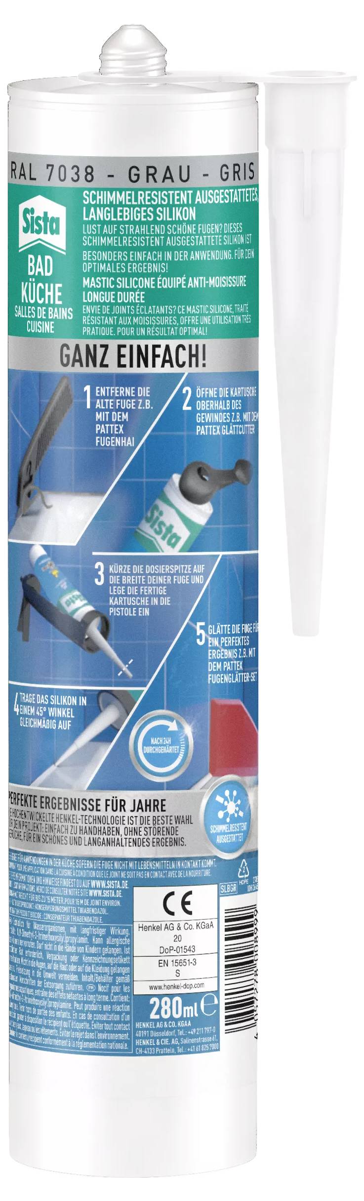 Cartuccia di silicone sigillante per bagno e cucina. Istruzioni mostrano i passaggi per aprire, applicare e chiudere. Contenuto 280 ml.