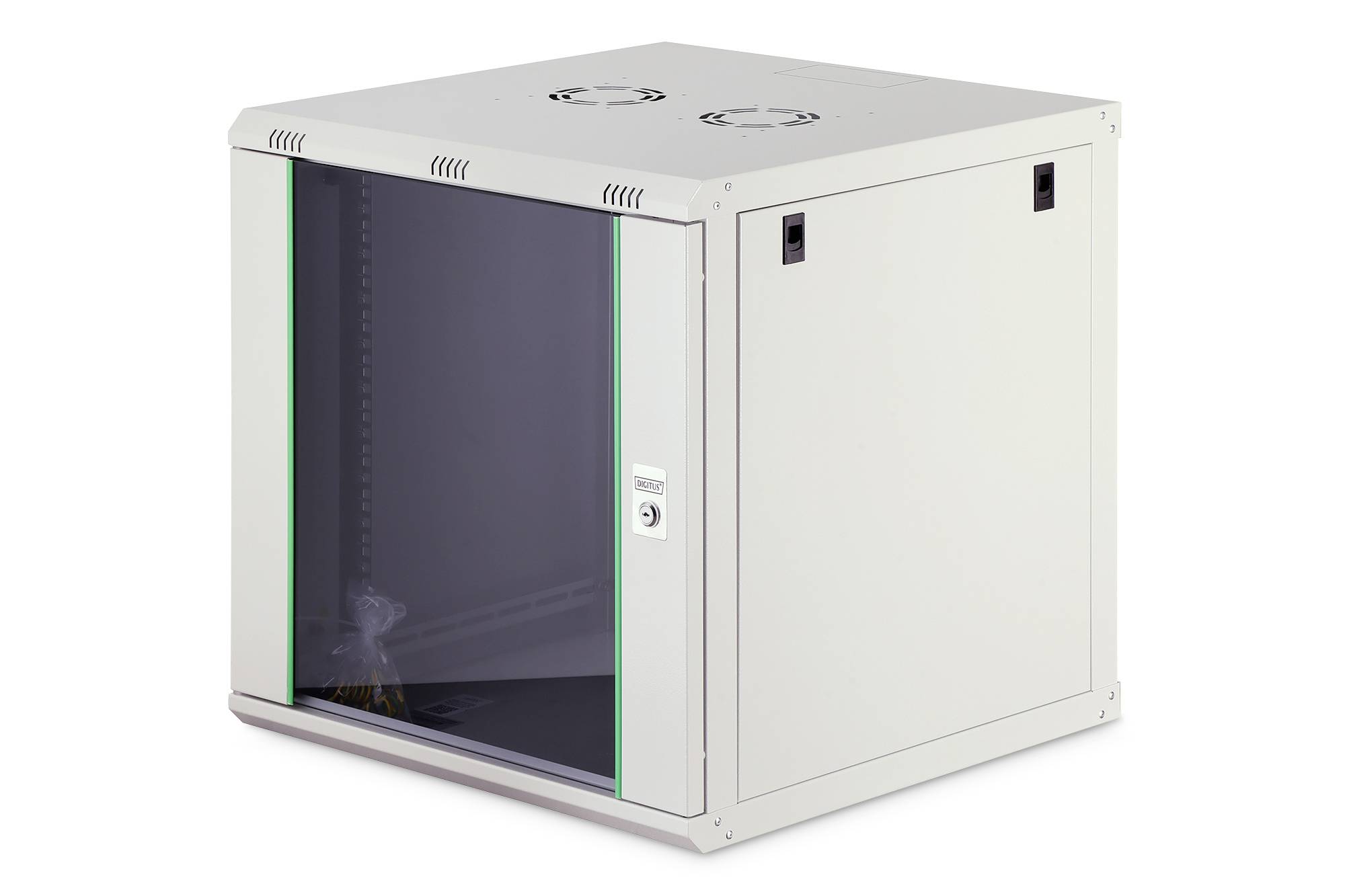 Un piccolo armadio rack per server bianco con pannello frontale trasparente e porta con serratura, adatto per la conservazione di apparecchiature di rete.