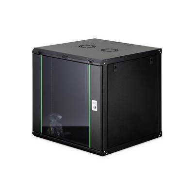 Un armadio rack server nero con porta anteriore in vetro e serratura visibile. L'armadio ha due ventole di ventilazione sulla parte superiore.