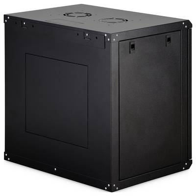 Un armadio rack per server in metallo nero, visto da un angolo frontale sinistro, presenta una porta solida con opzioni di ventilazione sulla superficie superiore.