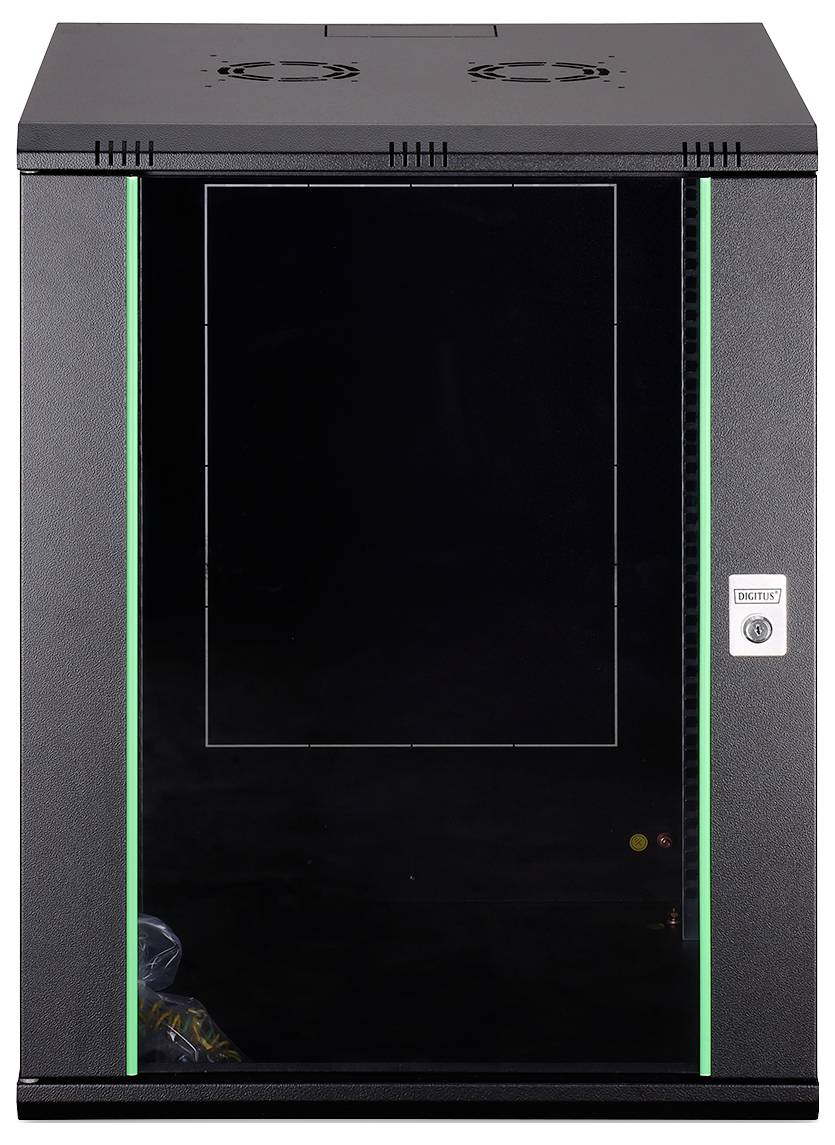 Un rack server nero con una porta in vetro, contornato da strisce LED verdi, è mostrato chiuso. La porta ha un lucchetto sul lato destro.
