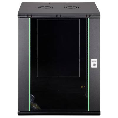 Un rack server nero con una porta in vetro, contornato da strisce LED verdi, è mostrato chiuso. La porta ha un lucchetto sul lato destro.