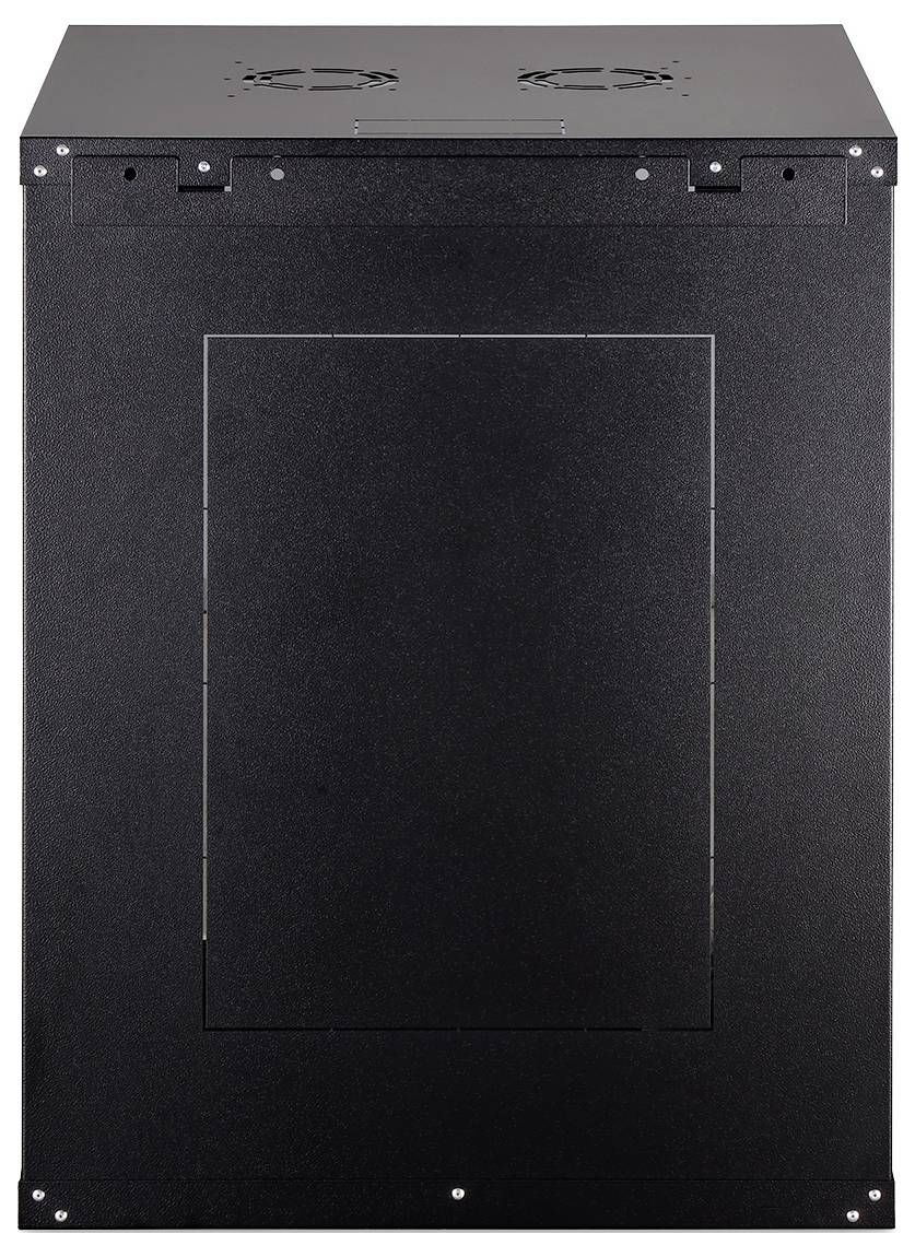 Un rack server nero con ventole di ventilazione sulla parte superiore, visto dal davanti.