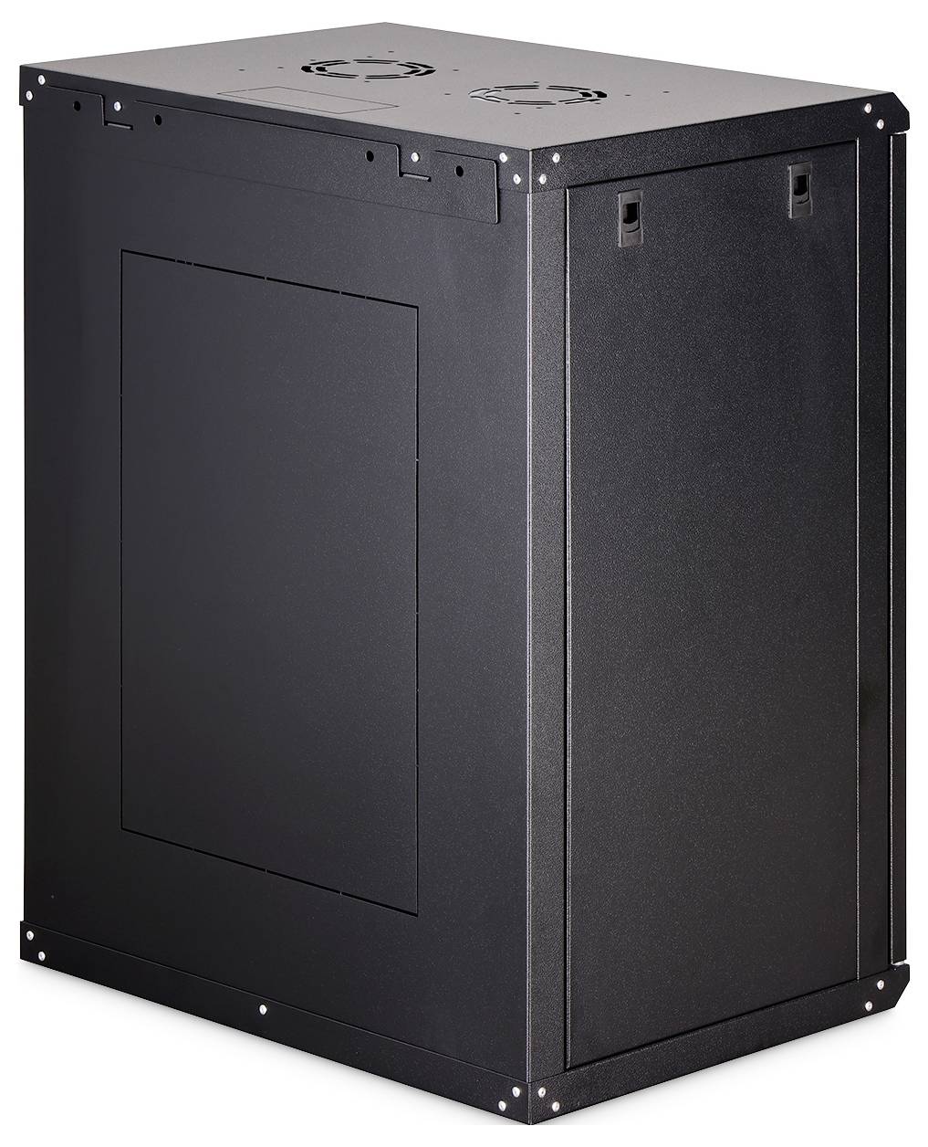 Un armadio rack metallico nero rettangolare con aperture di ventilazione nella parte superiore, progettato per ospitare e organizzare attrezzature di rete.