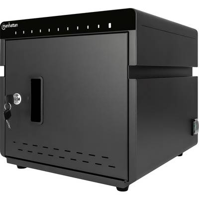 Armadietto elettronico nero con serratura e fessure di ventilazione, idoneo per la conservazione sicura di dispositivi.