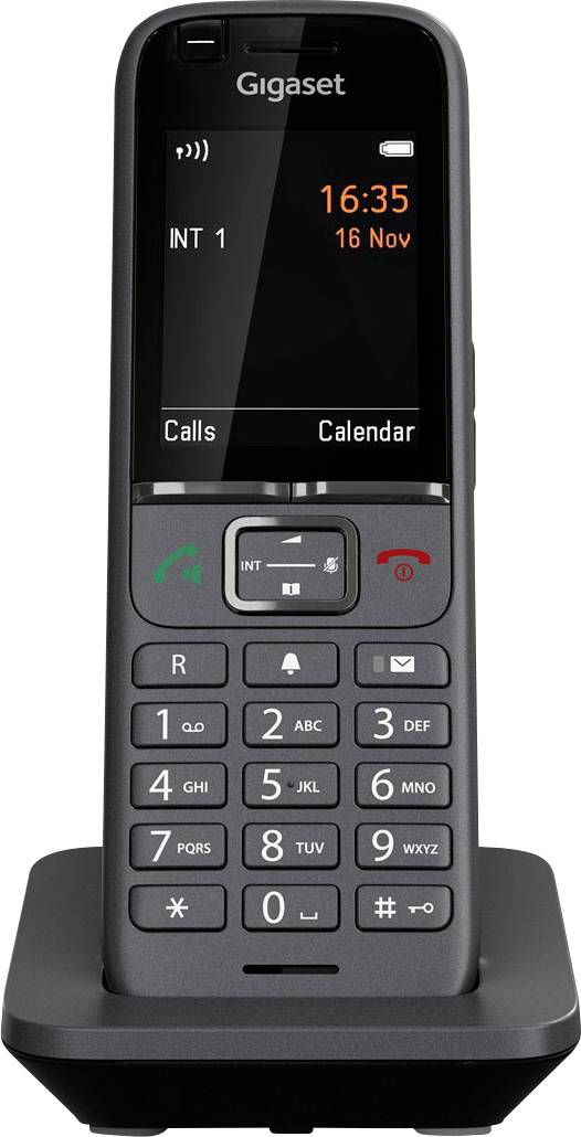 Telefono cordless su stazione base, che mostra sul display 'INT 1', ora 16:35 e data 16 Nov. Tasti per rispondere e terminare la chiamata.