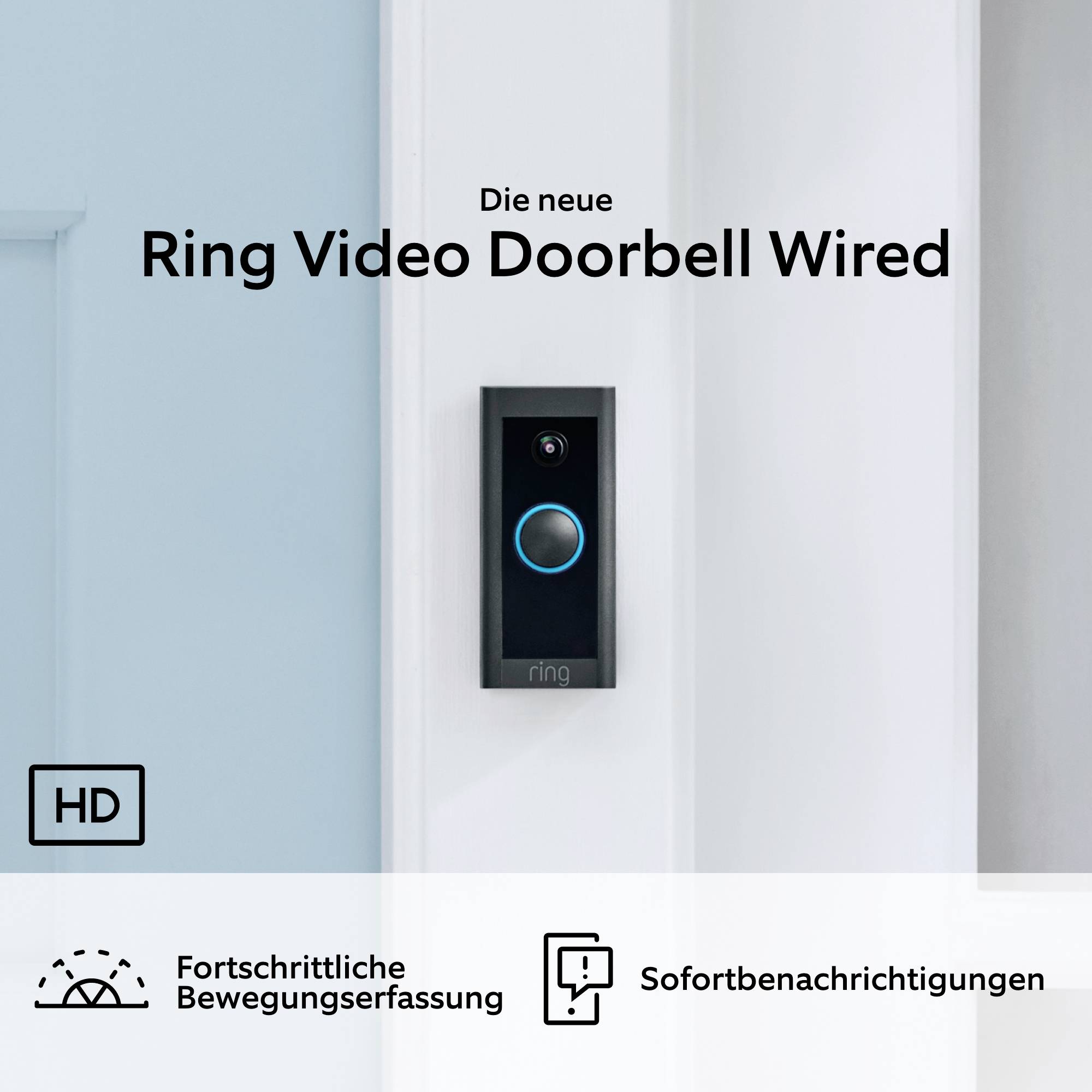 'La nuova Ring Video Doorbell Wired' montata su una parete, con video HD, rilevamento avanzato del movimento e notifiche istantanee.