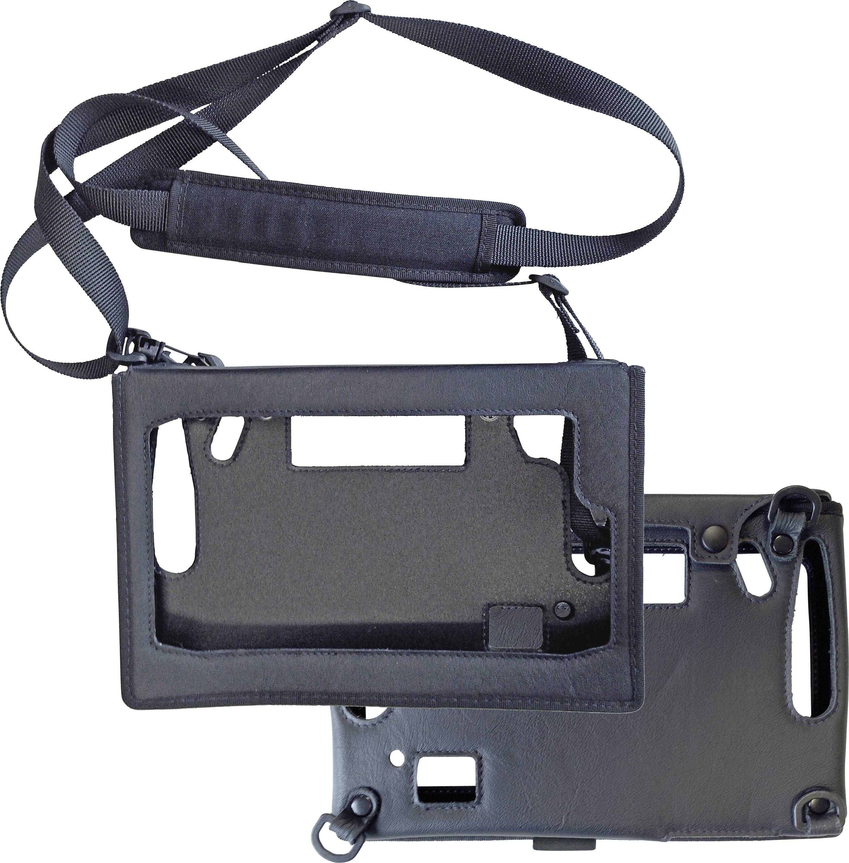 Custodia protettiva nera con cinghia di trasporto, adatta per dispositivi elettronici portatili, mostra aperture per connettori e fotocamera.