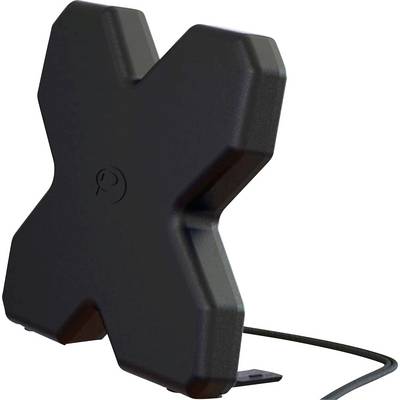 Un dispositivo nero a forma di X con un cavo. Il dispositivo ha un design minimalista e potrebbe essere utilizzato per scopi ricettivi.