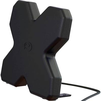 Un'antenna nera a forma di X con un cavo, probabilmente per la ricezione TV o radio.