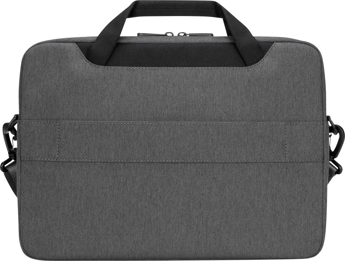 Borsa grigia rettangolare con due manici e tracolla neri, adatta per laptop o documenti.