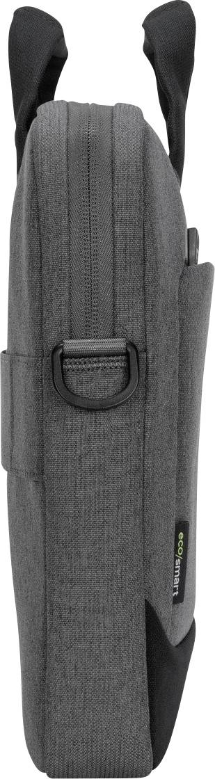 Borsa per laptop grigia in tessuto, ripresa lateralmente. Ha un cerniera grigio scuro e un manico nero.