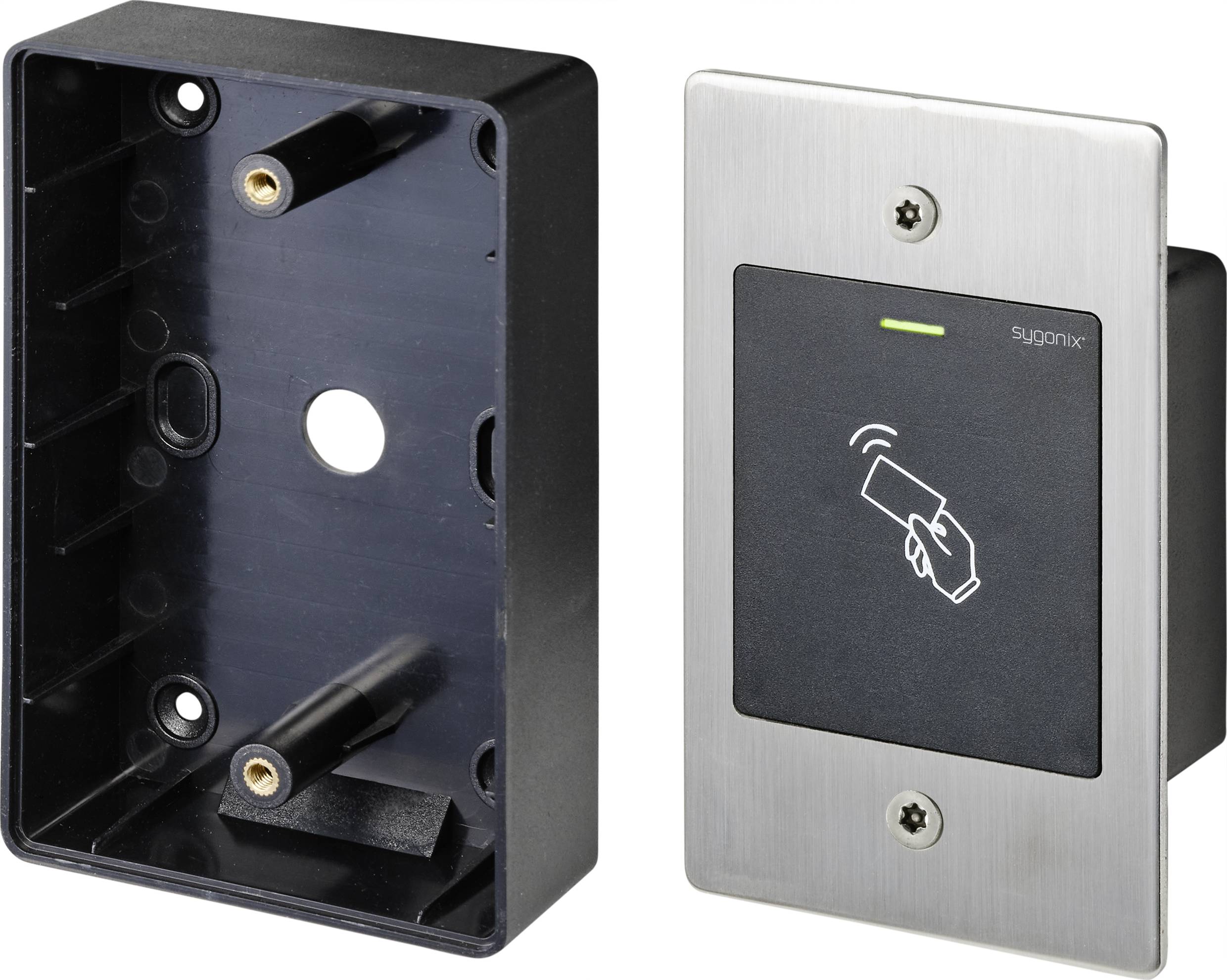 Un lettore di carte con una cornice argentata e un campo sensore nero. Accanto a sinistra è presente un alloggiamento nero vuoto.