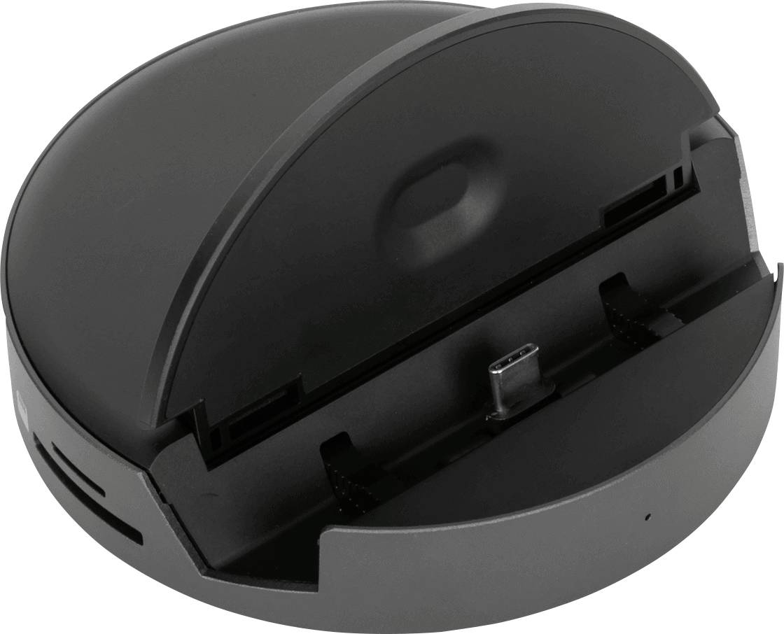 Stazione di ricarica nera con supporto angolato e connettore Micro-USB, per la ricarica di dispositivi elettronici.