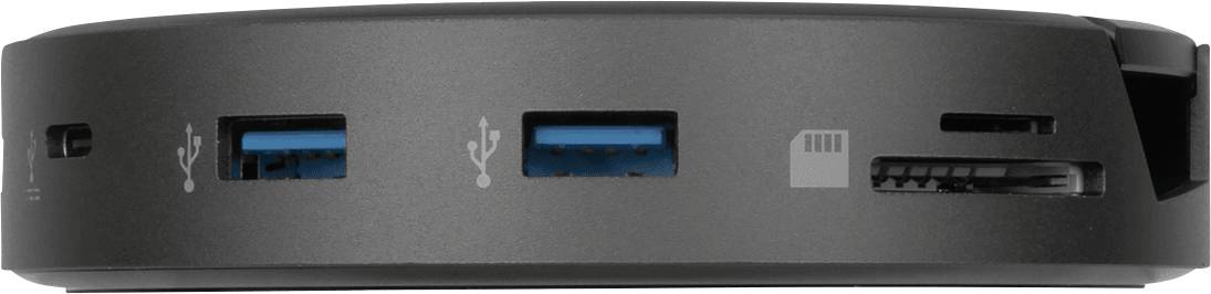 Hub USB nero con due porte USB blu, uno slot per schede SD e un ulteriore slot sulla destra.