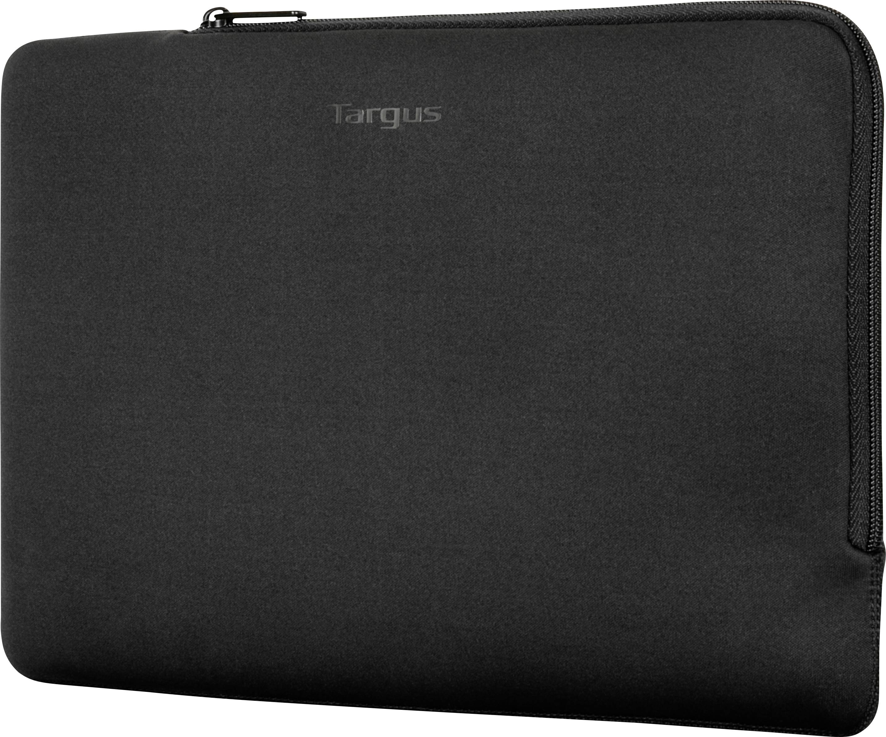 Borsa per laptop nera con cerniera, design essenziale. Il marchio 'Targus' è visibile centralmente in alto. Adatta per laptop di medie dimensioni.