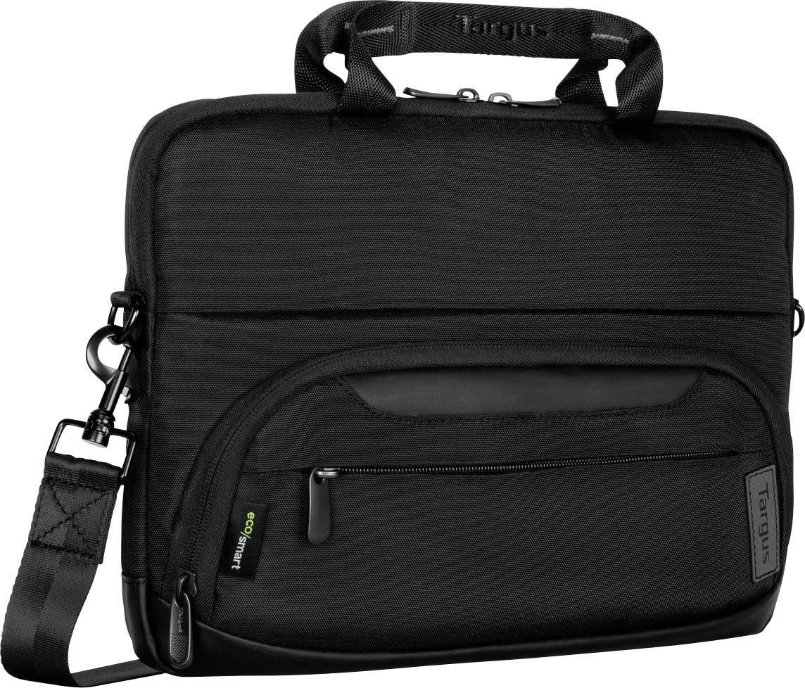 Borsa per laptop nera con manico e tracolla, tasca con cerniera frontale, design essenziale per il trasporto e la protezione dei laptop.
