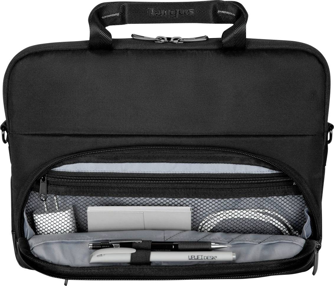 Borsa nera per laptop, aperta sul lato anteriore, mostra scomparti con penne, tasche a rete e cavi. Ideale per un'archiviazione organizzata.