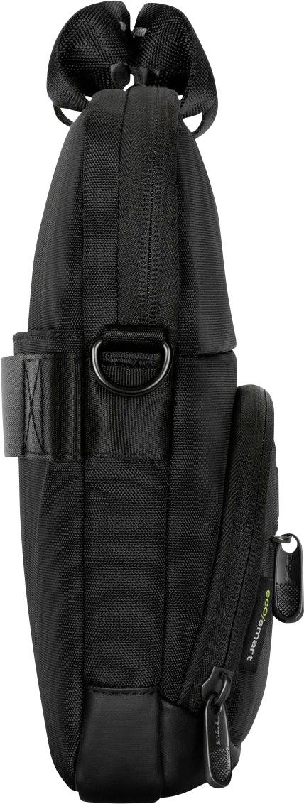 Vista laterale di una borsa nera con più scomparti con cerniera e un anello a D per l'aggancio.