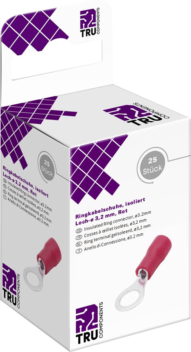 Un imballaggio contenente 25 capicorda ad anello rossi, isolati, adatti per connessioni da 3,2 mm, presentati con logo del marchio.