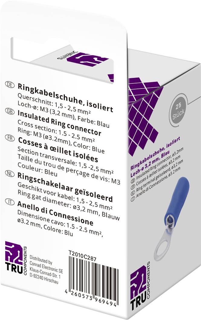 Confezione da 25 capicorda isolati, sezione: 1,5 - 2,5 mm², diametro foro: M3, colore: Blu. Confezione con logo Tru Components.