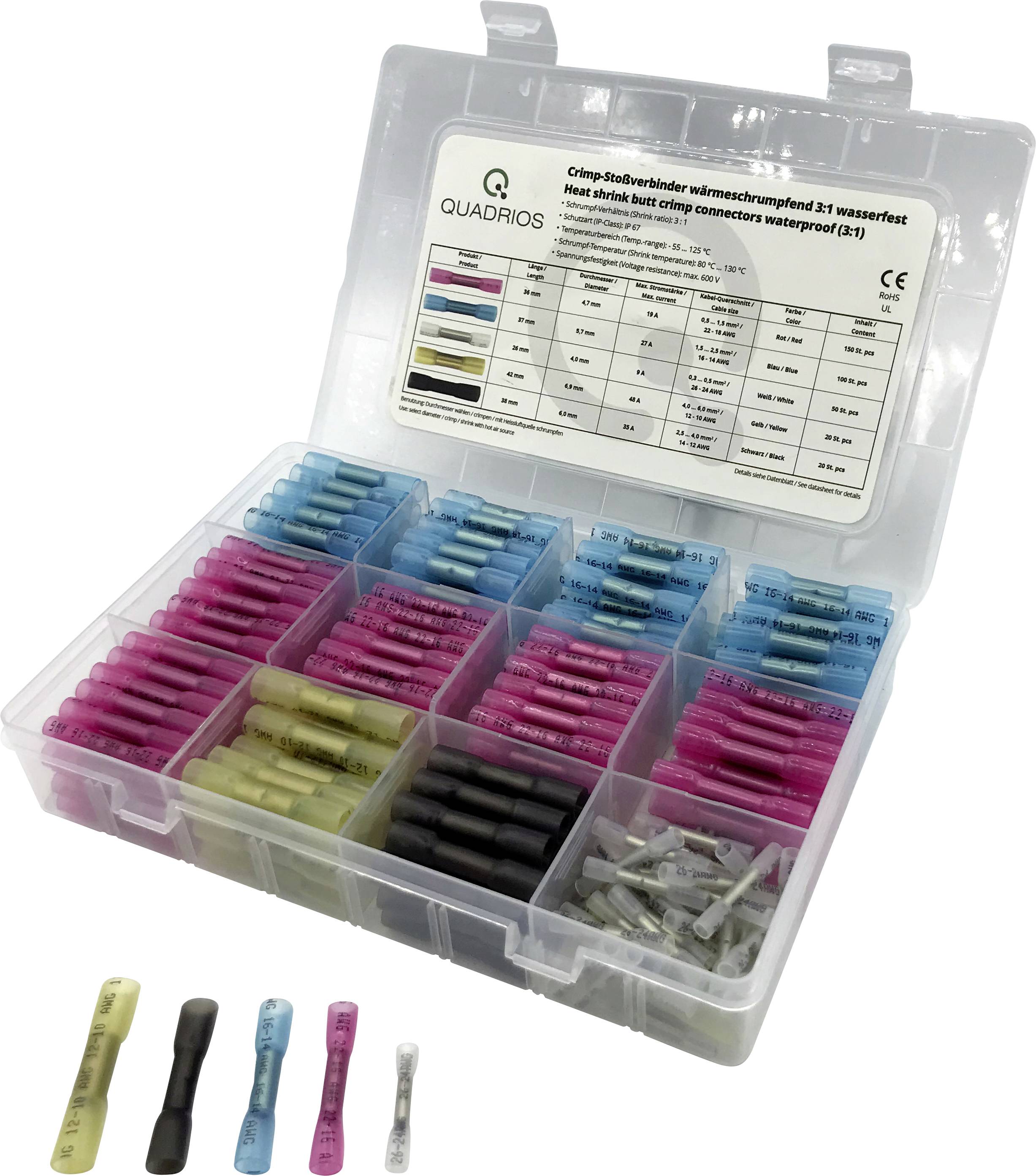 Scatola trasparente con connettori a crimpare colorati, etichettata come impermeabile. Colori e dimensioni diverse organizzate in scomparti.