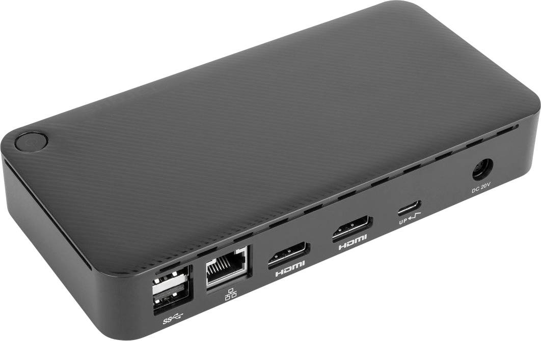 Stazione di connessione nera, rettangolare, con più porte, tra cui USB, HDMI ed Ethernet, per collegare diversi dispositivi.