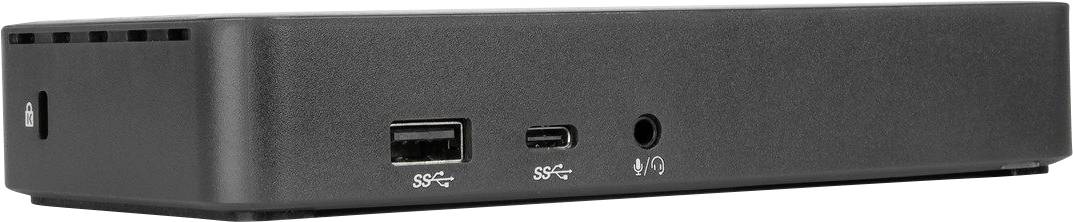 Dock nero per computer con porte USB, una porta USB-C e un jack per cuffie sul lato anteriore.