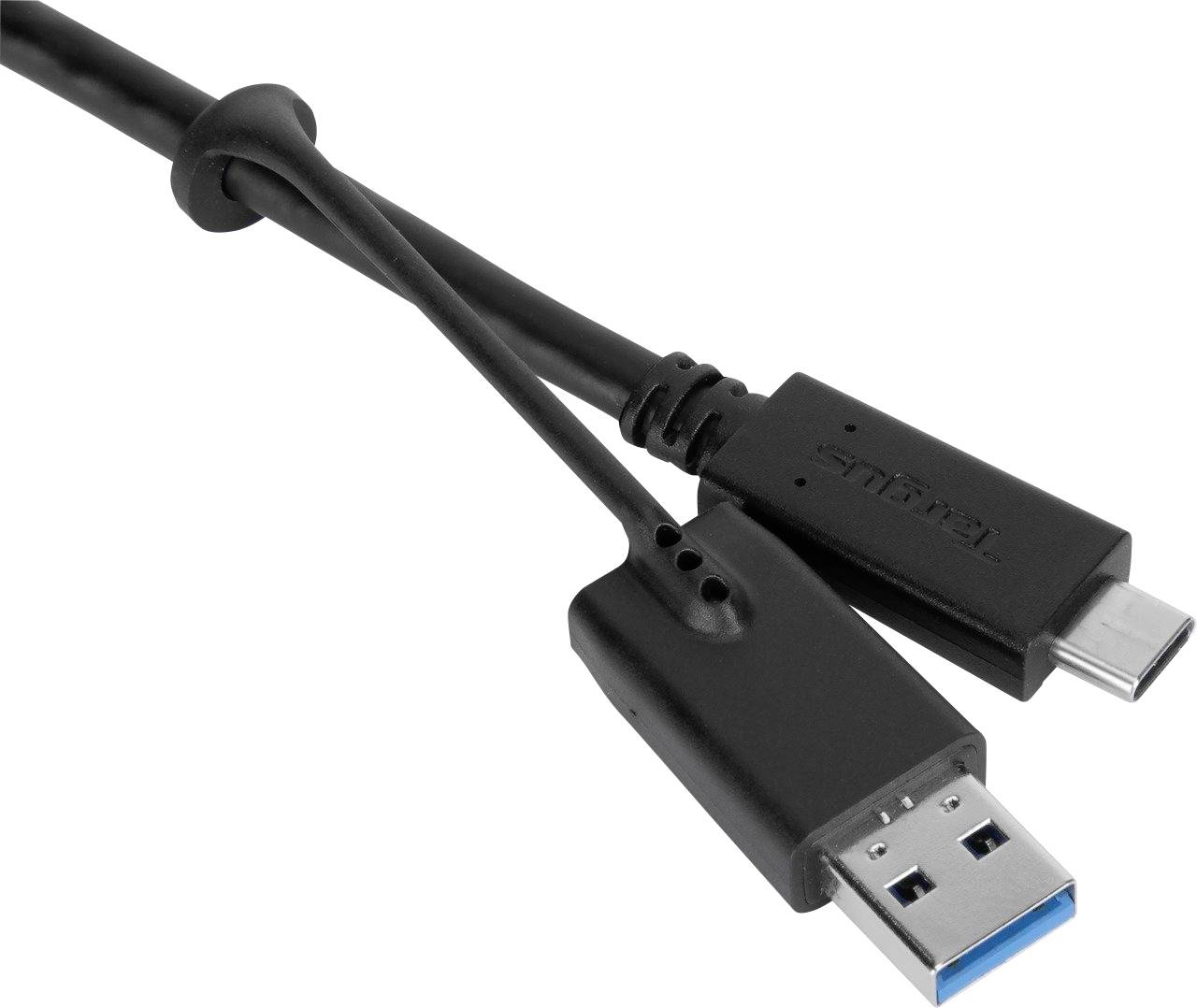 Un cavo nero con una spina USB-A e una spina USB-C. Il cavo serve a collegare o caricare dispositivi.
