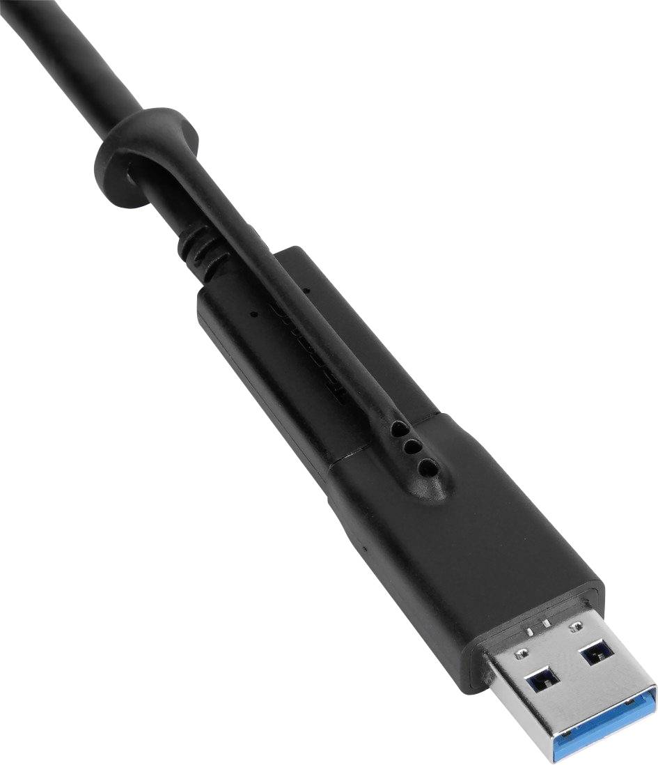 Primo piano di un cavo USB 3.0 nero con connettore blu.