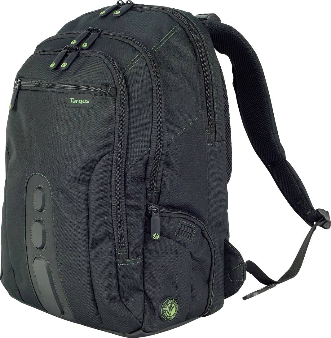 Zaino nero con multiple tasche con cerniera, dettagli verdi e cinghie a tracolla regolabili, adatto per laptop.