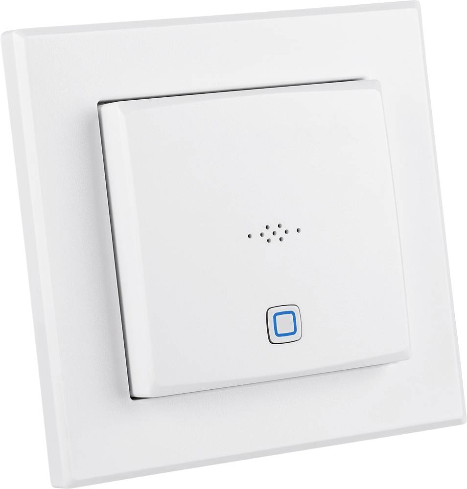 Un interruttore a parete bianco con un pulsante blu al centro, probabilmente utilizzato per il controllo di dispositivi elettrici.