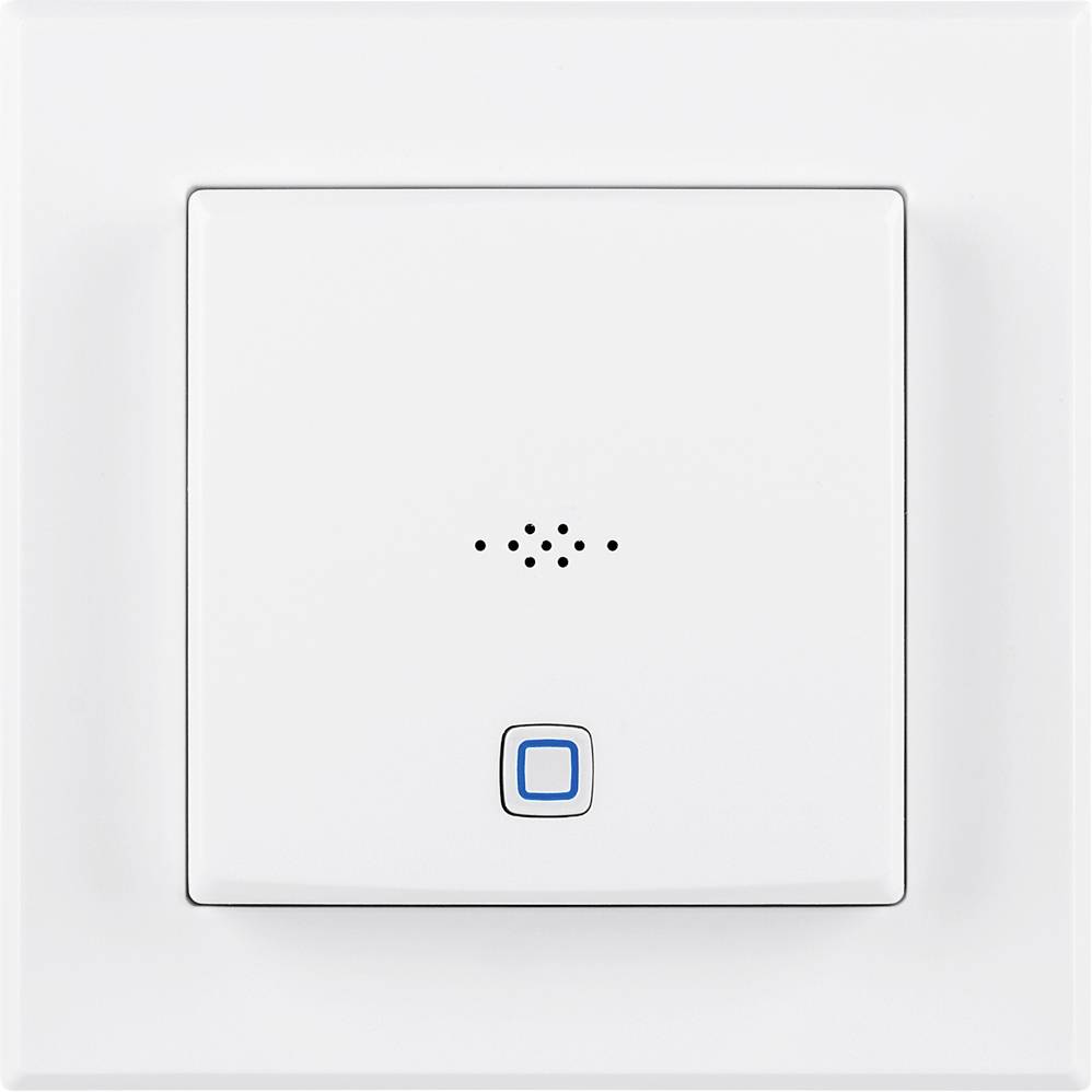 Un interruttore intelligente dal design bianco con un tasto blu al centro. Ideale per l'automazione domestica e il controllo da remoto.