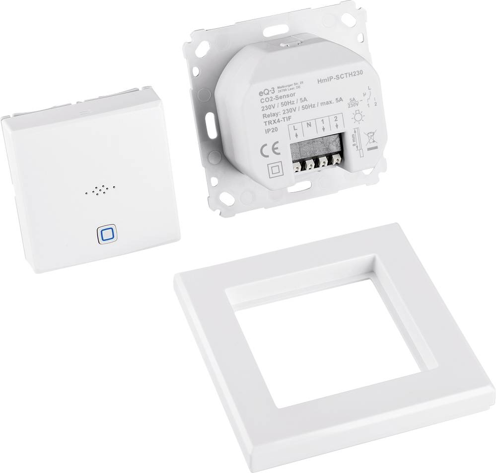 Set interruttore con interruttore rimovibile, meccanismo e cornice, bianco. L'interruttore mostra una luce LED blu sul lato frontale.