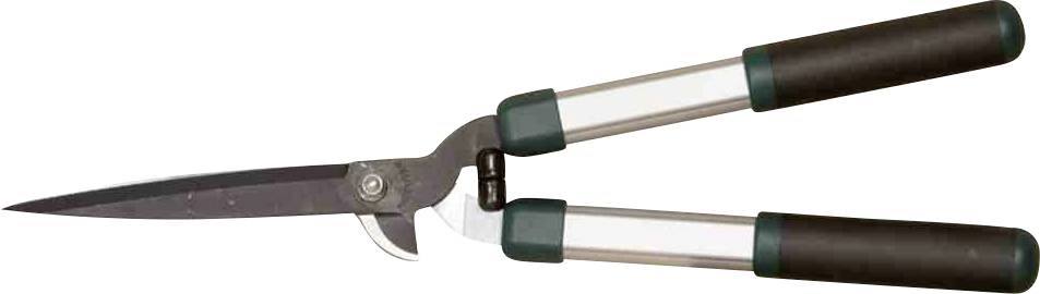 Forbice da siepe con manici verdi, aperta. Adatta per tagliare cespugli e siepi in giardino.