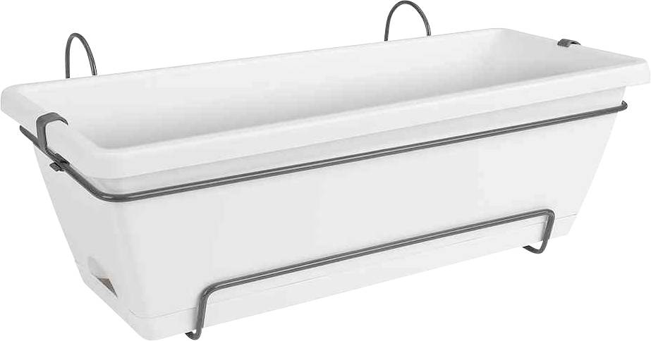 Vasi rettangolari bianchi per piante da balcone con due supporti metallici, idonei per l'installazione su un parapetto.