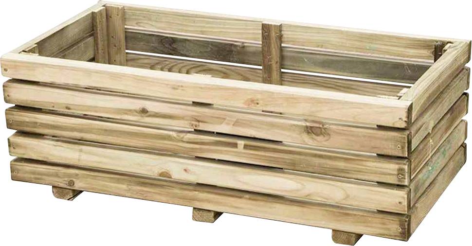 Un contenitore rettangolare in legno, realizzato con listelli di legno color legno chiaro, ideale per piantare fiori o come elemento decorativo in giardino.