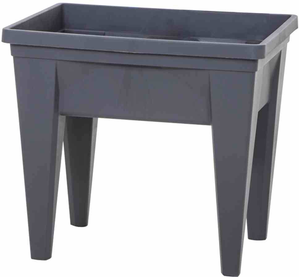 Vaso rettangolare grigio con gambe, realizzato in plastica. Ideale per esterni o giardini per ospitare terriccio e piante.